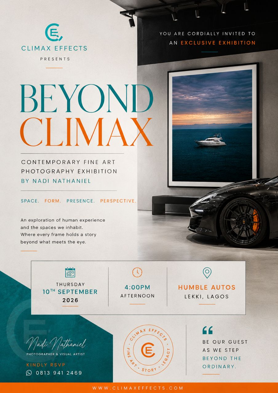 Beyond Climax exhibition artwork featuring a framed seascape and a black sports car